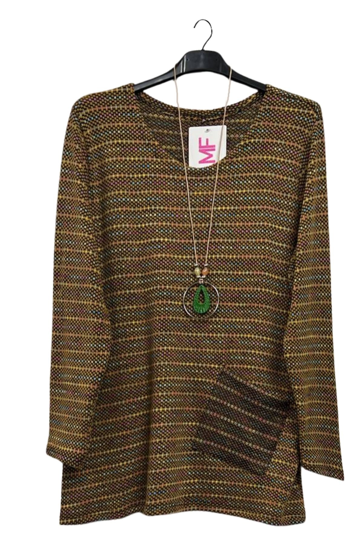 Multicoloured Dots Pattern Soft Knit Front Pocket Top