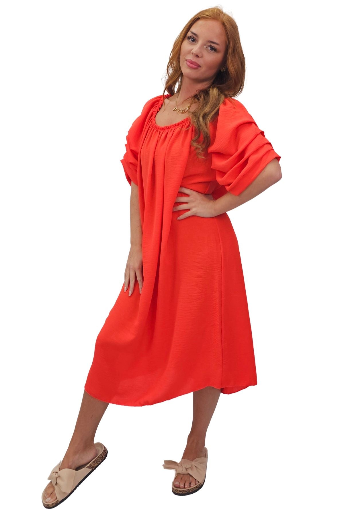 Plain Puff Sleeves Layered Detail Dress