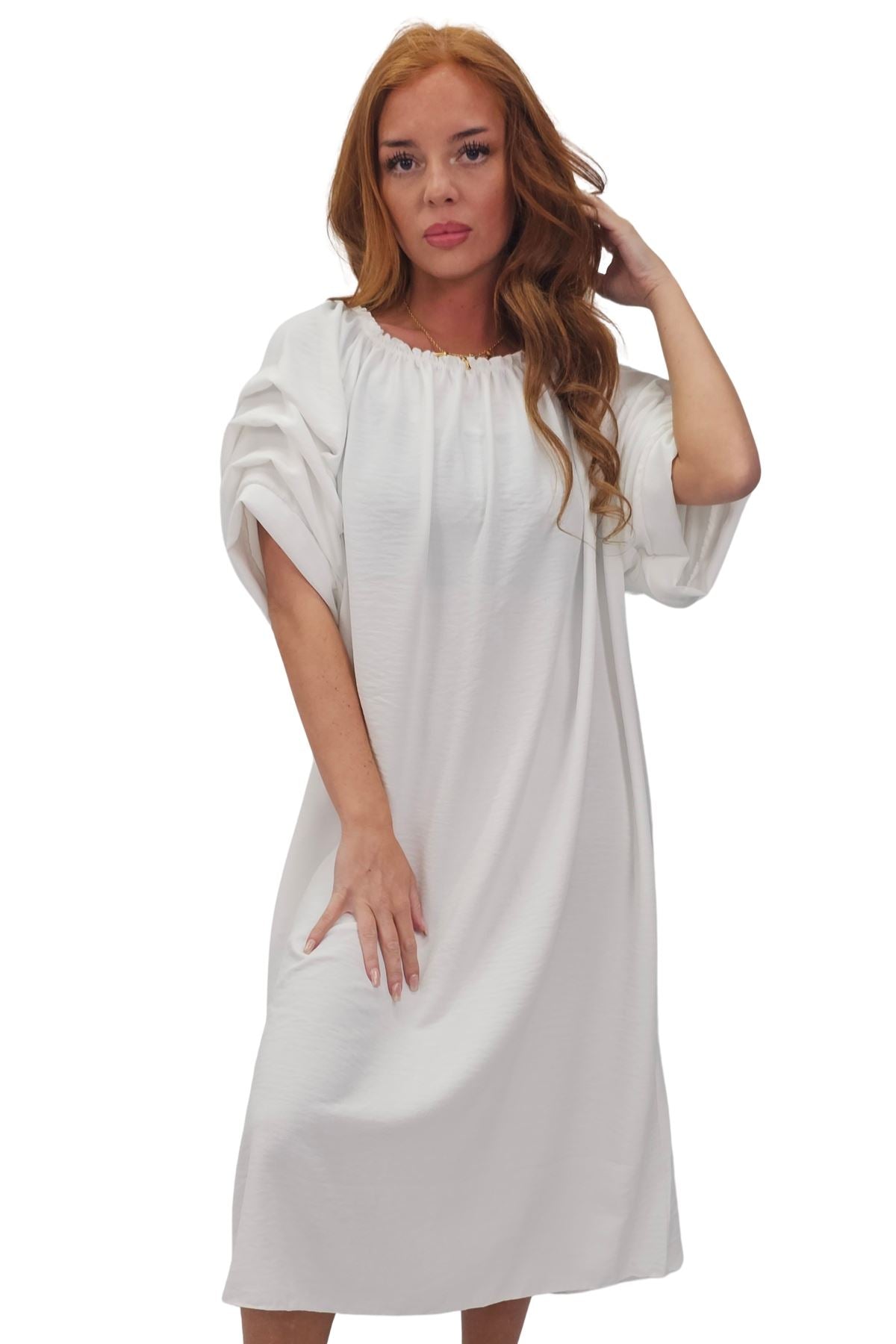 Plain Puff Sleeves Layered Detail Dress