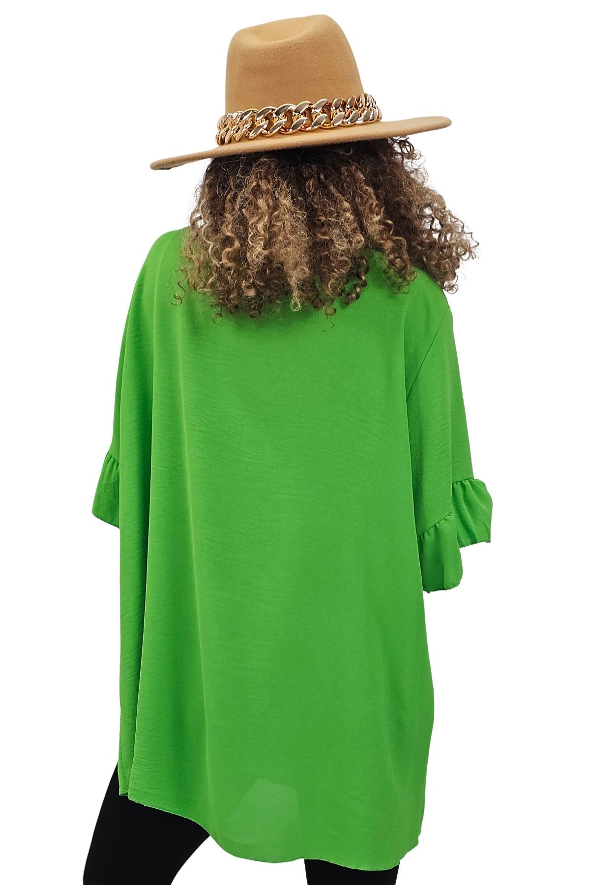Plain Tie Neck Ruffle Sleeve Top
