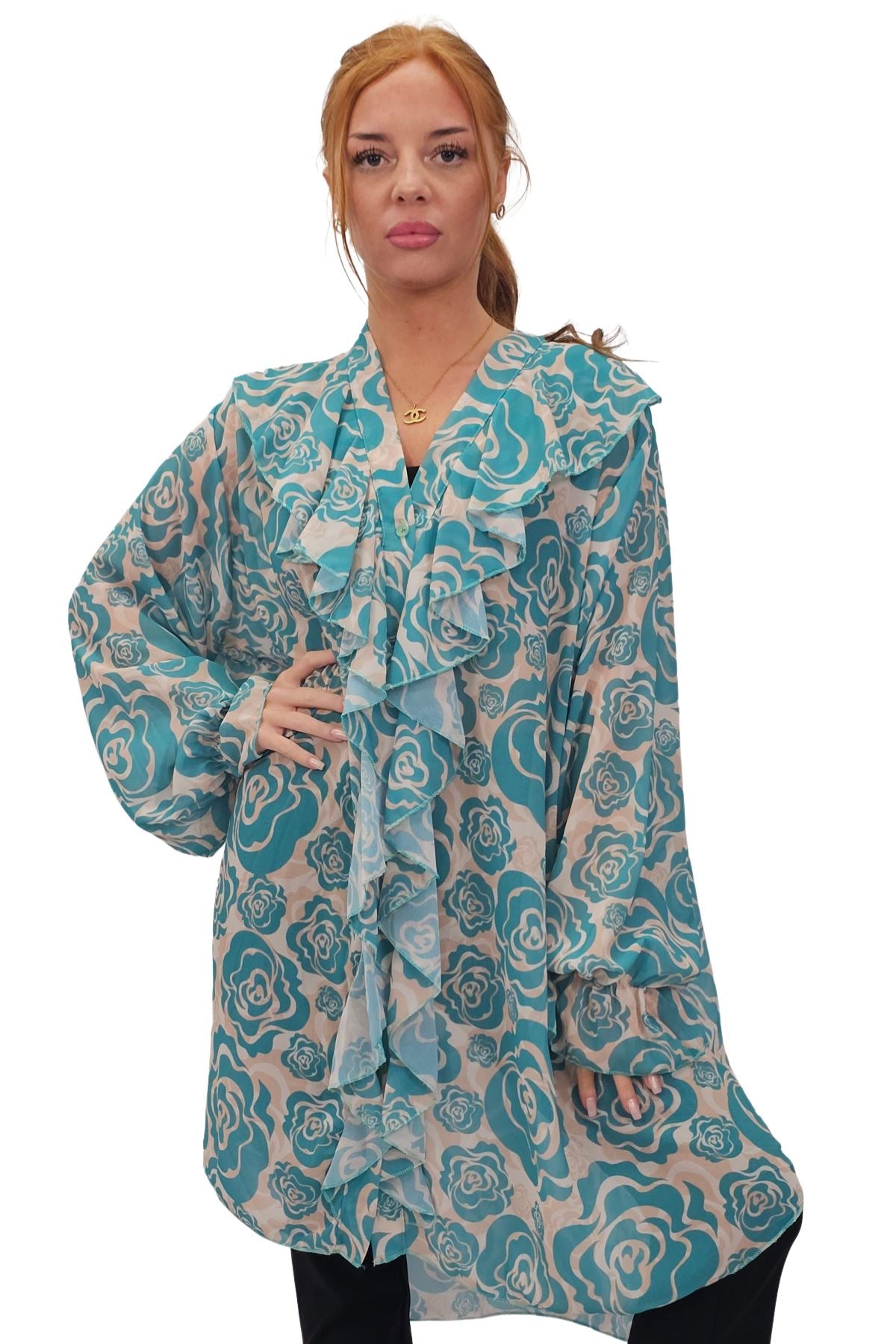 Floral Print Oversized Front Ruffle Top
