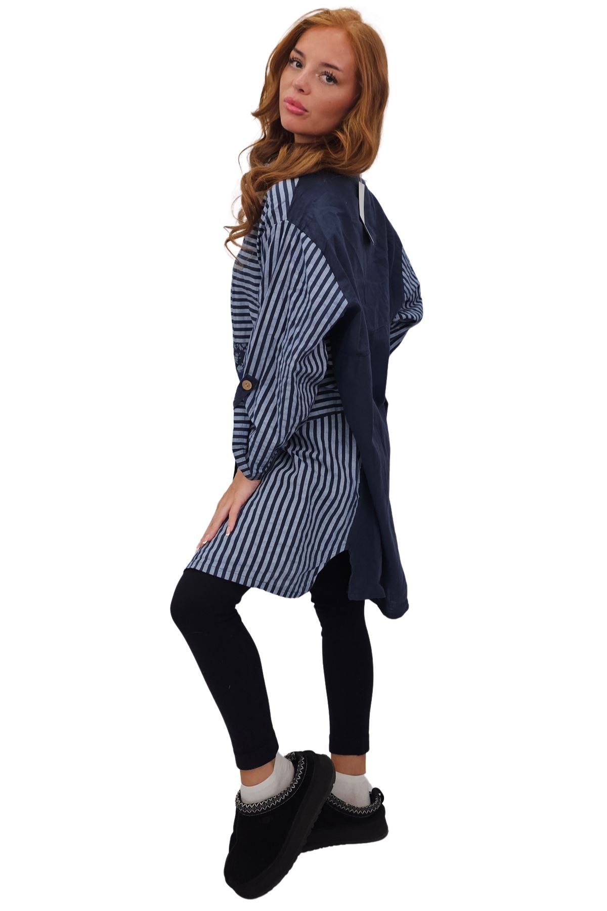 Vertical Stripes Polka Dot Print Full Front Buttons Linen Shirt