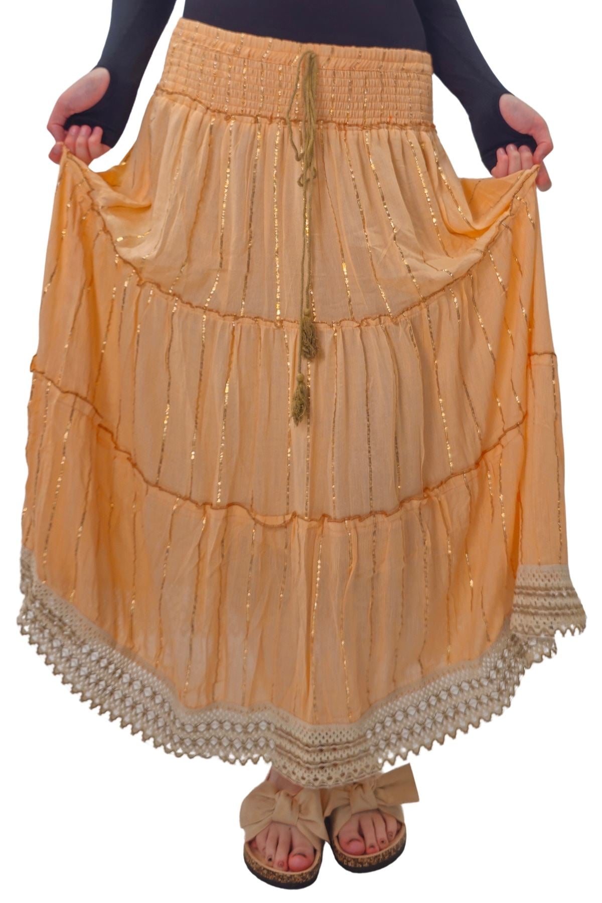 Gold Stripe Pattern Layered Maxi Skirt
