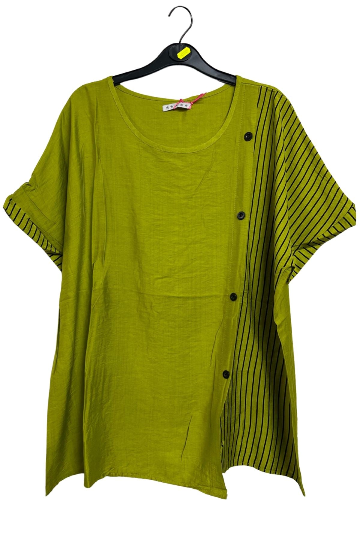 Stripe Print Side Button Detail Cotton Top