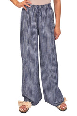 Stripe Print Elasticated Waistband Wide Leg Cotton Trousers