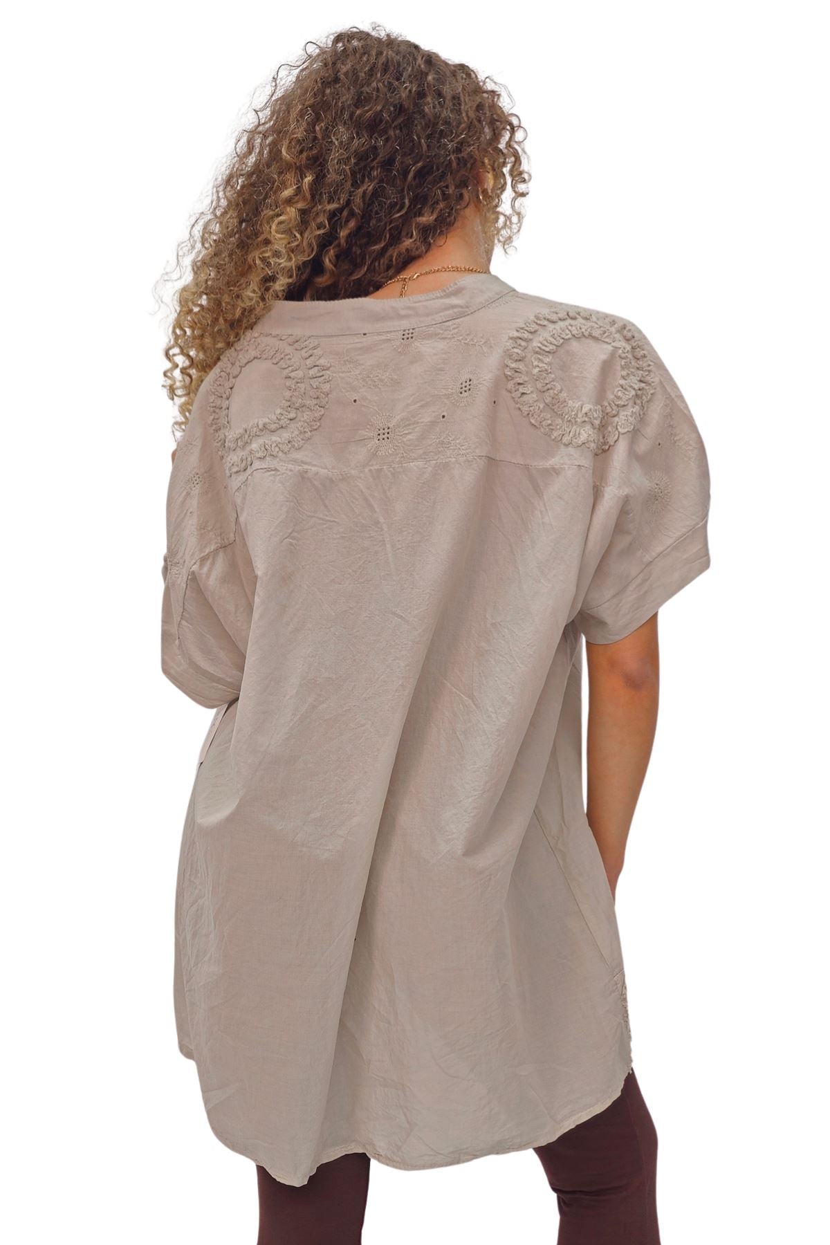 Plain Chest Pocket Lace Embroidered Detailing Cotton Top
