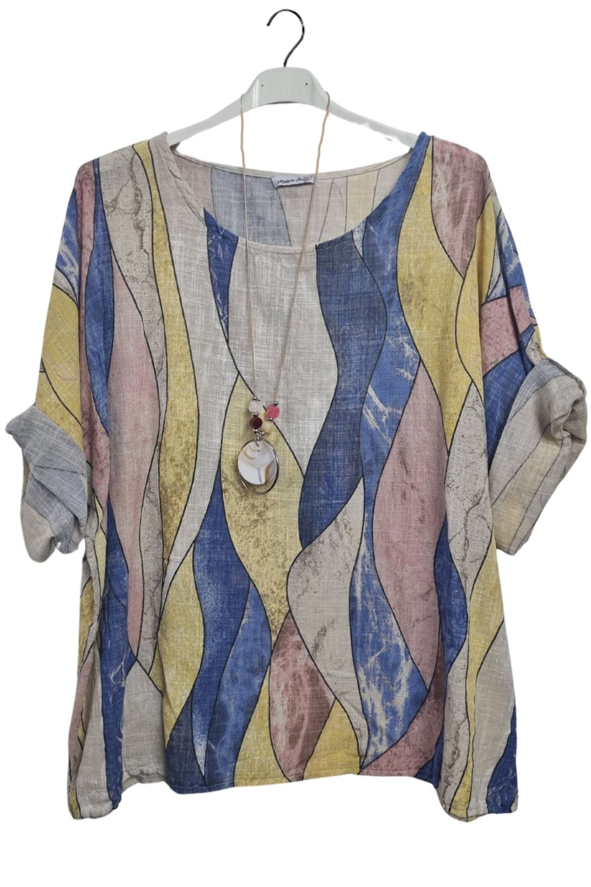 Vertical Waves Print With Necklace Cotton Top