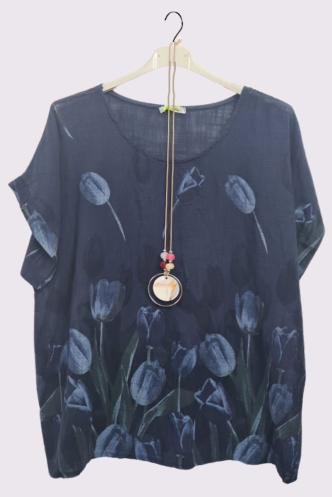 Tulip Flower Print Oversized Cotton Top