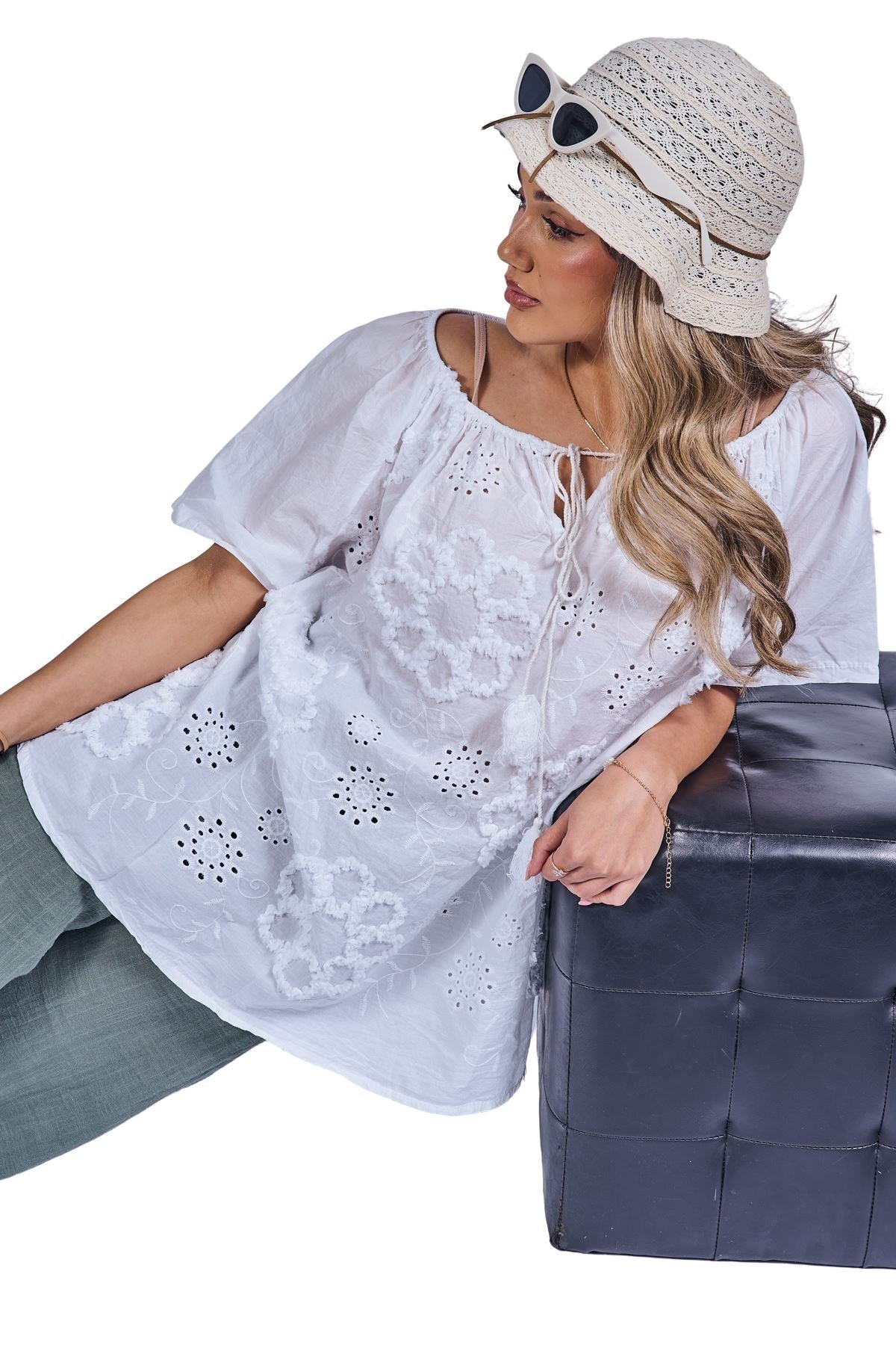 Floral Embroidered Pattern Slightly Curved Hem Cotton Top