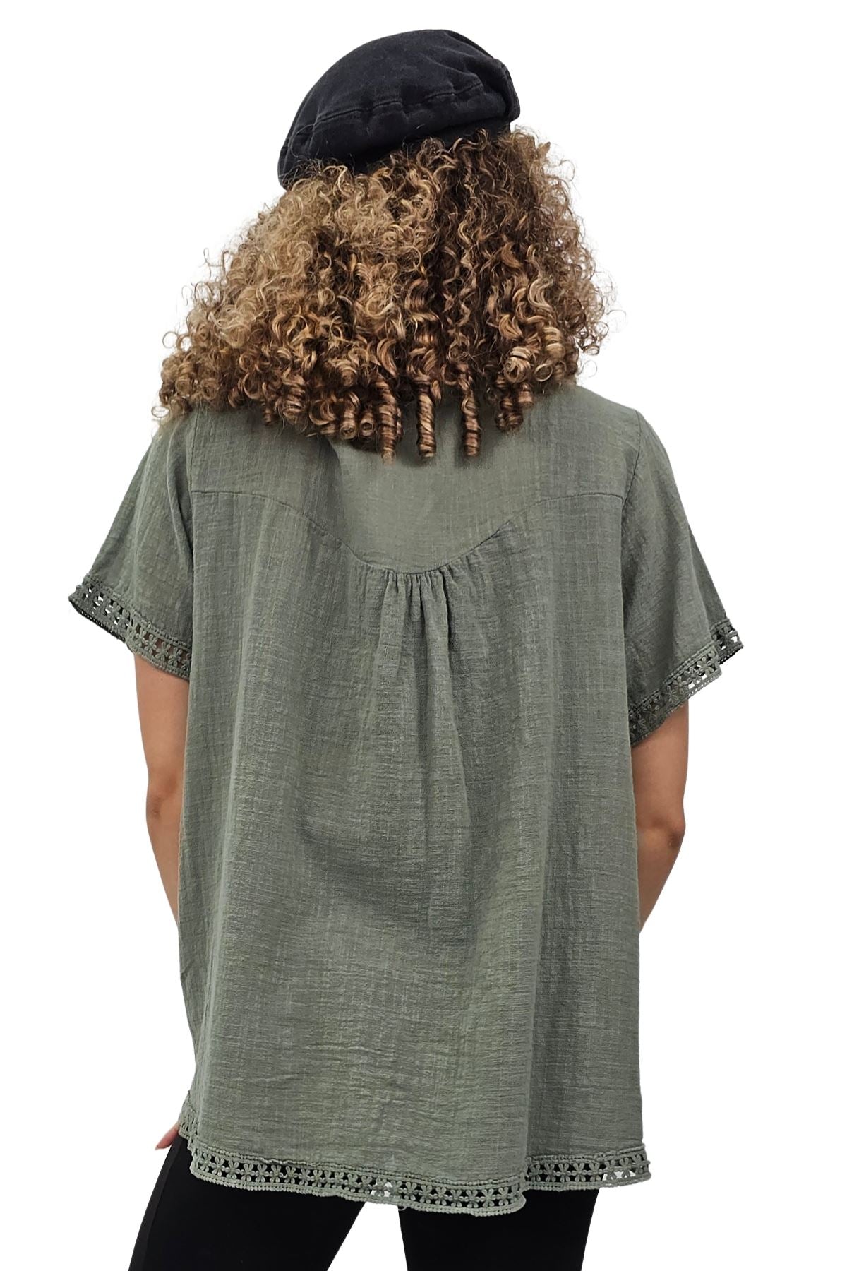 Plain Lace Hem Necklace Cotton Top
