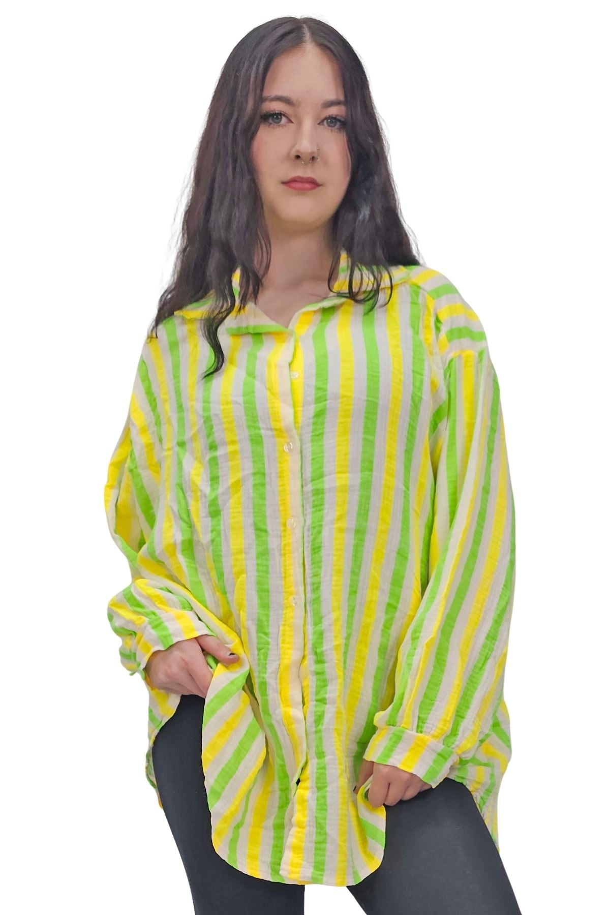 Vertical Stripes In Alternating Shades Button-Down Cotton Shirt