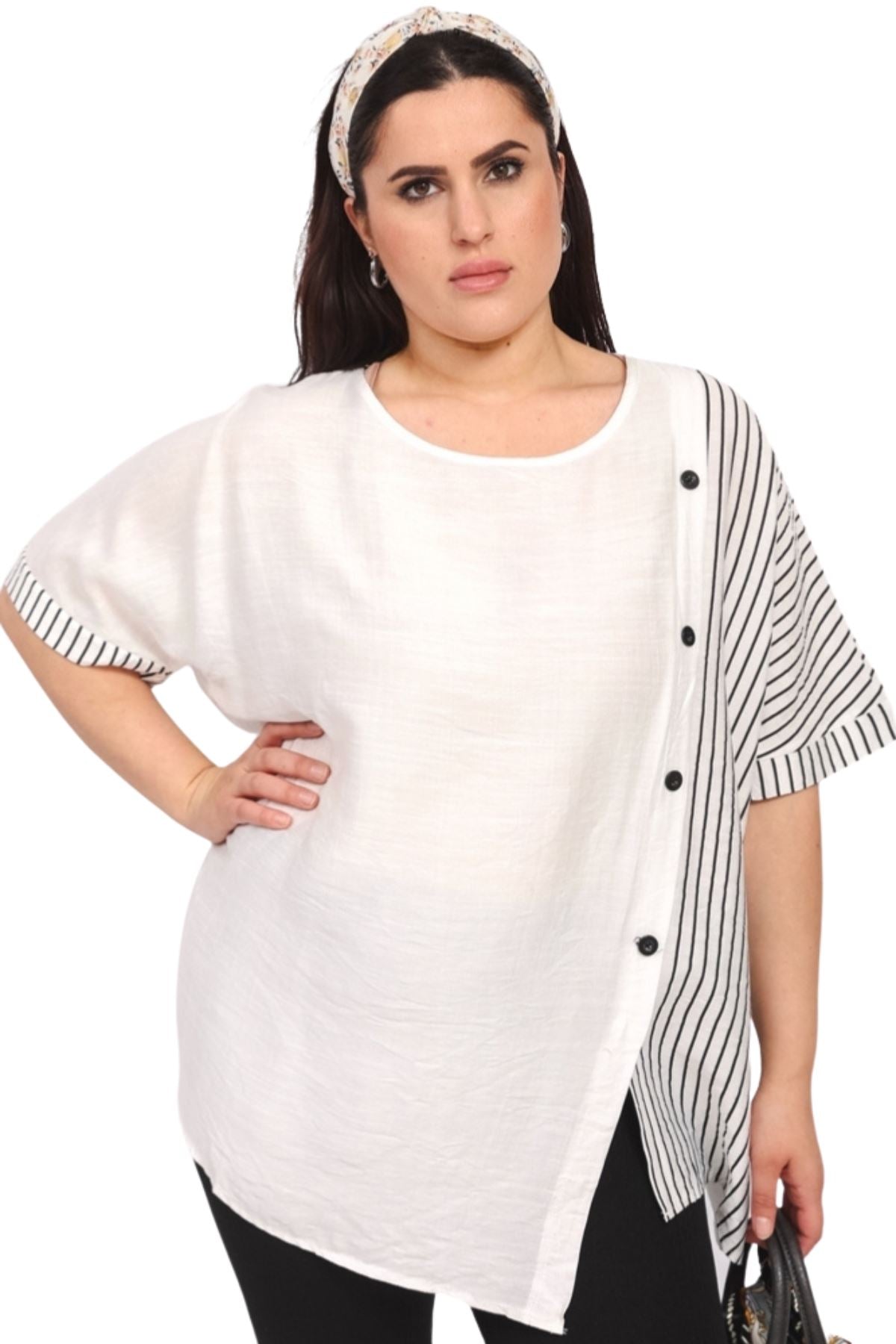 Stripe Print Side Button Detail Cotton Top