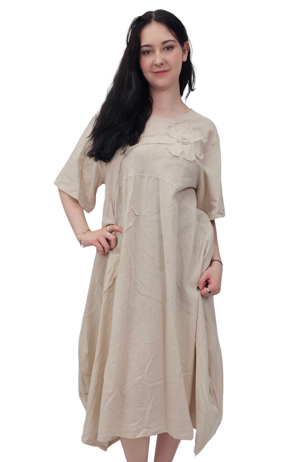 Textured Appliqué Details Linen Dress