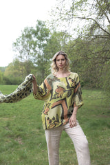 Abstract Leaf Print Oversized Necklace Tunic Cotton Top