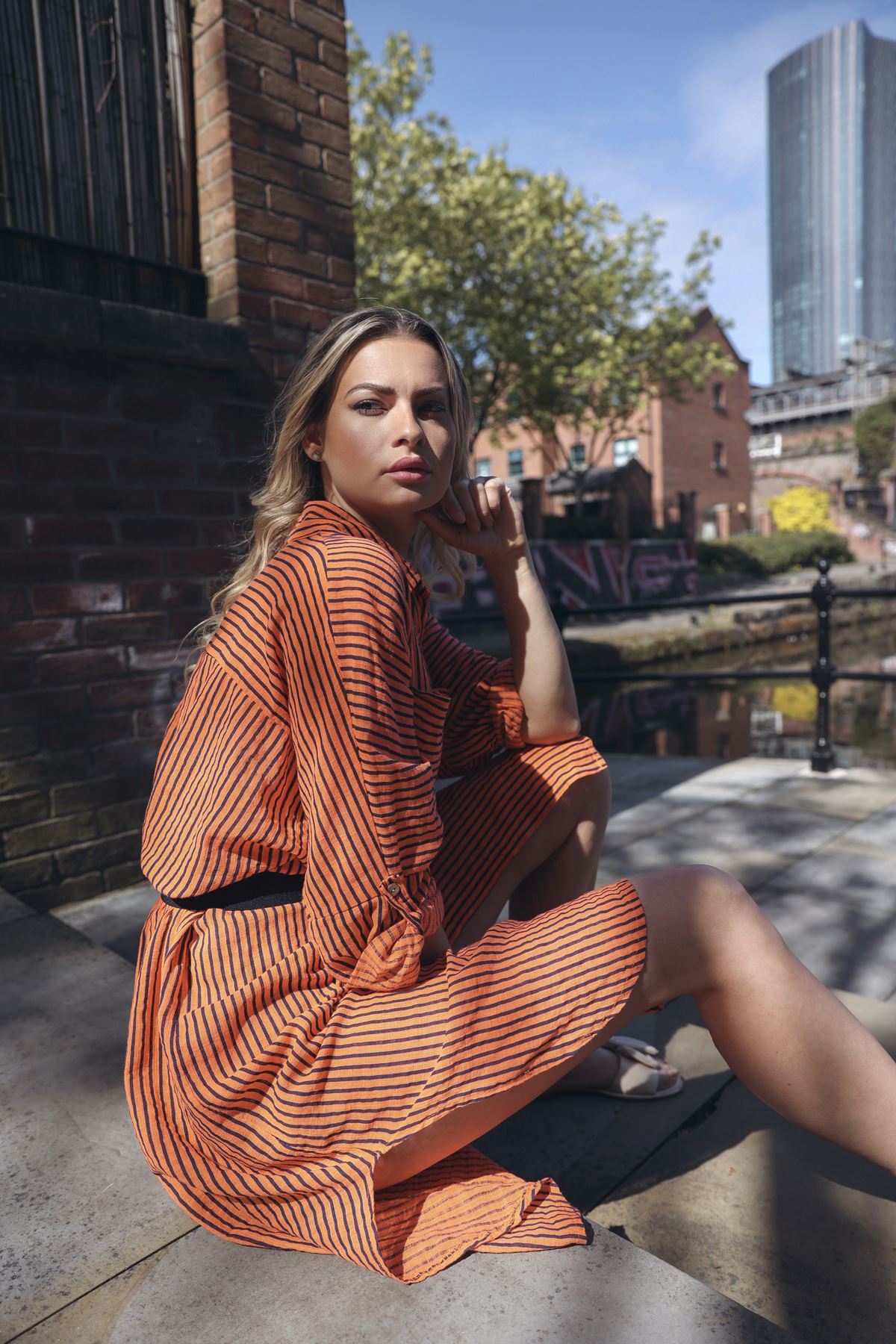 Vertical Pinstripes Print Two Chest Patch Pockets Cotton Dress