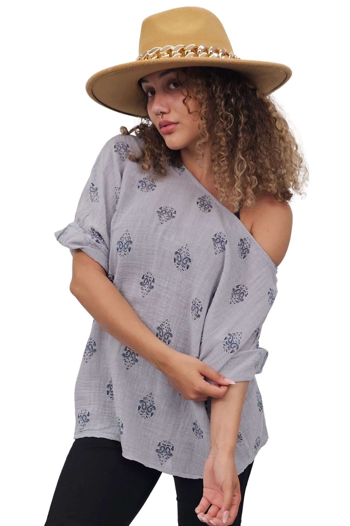 Block Print-Style Motifs Tunic Silhouette Cotton Top
