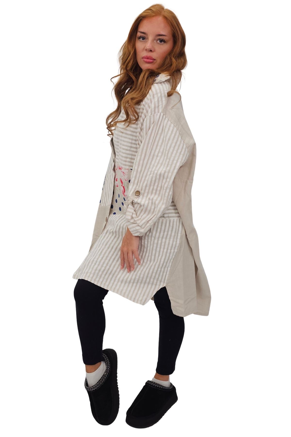 Vertical Stripes Polka Dot Print Full Front Buttons Linen Shirt