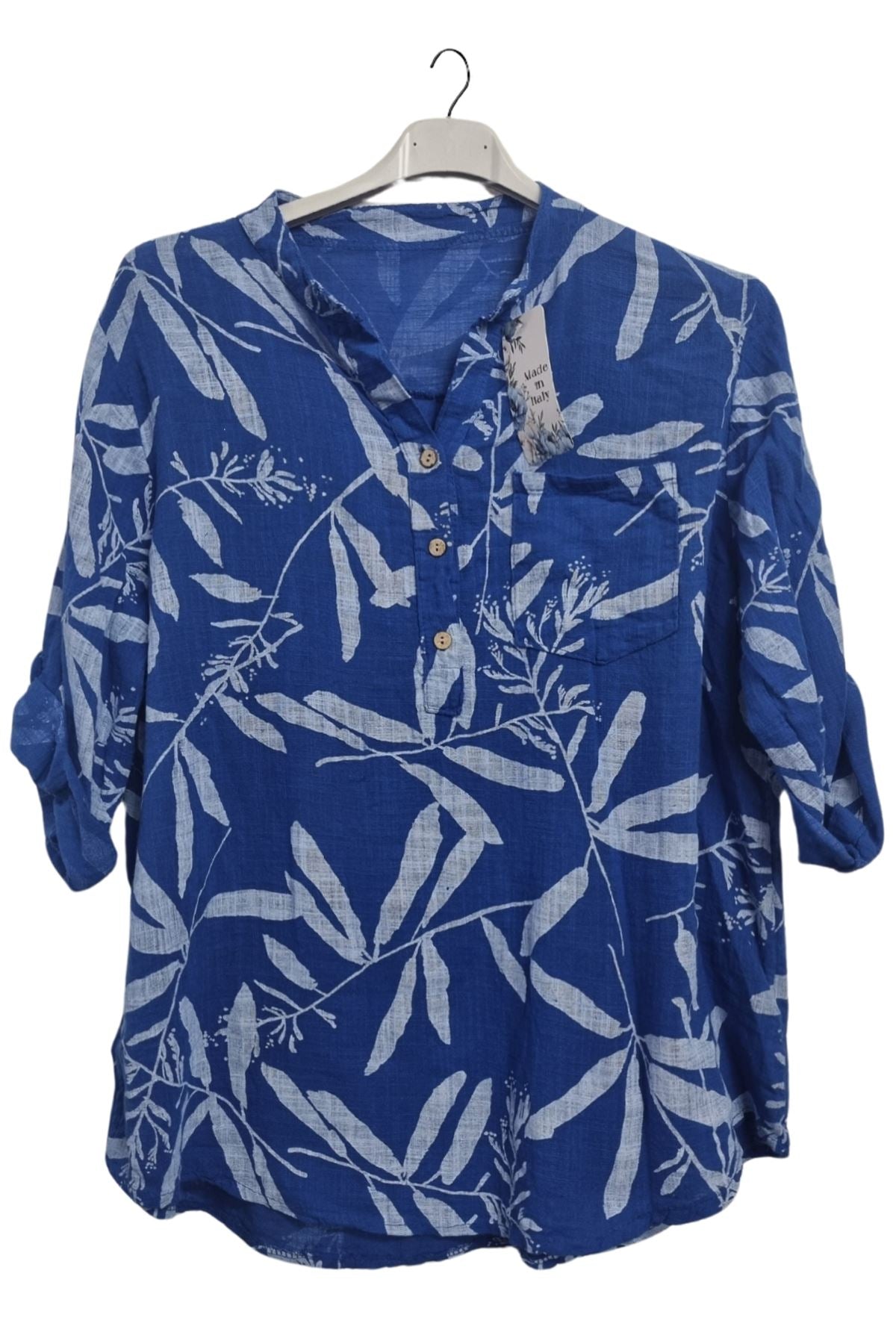 Leaf Print Chest Pocket Cotton Top