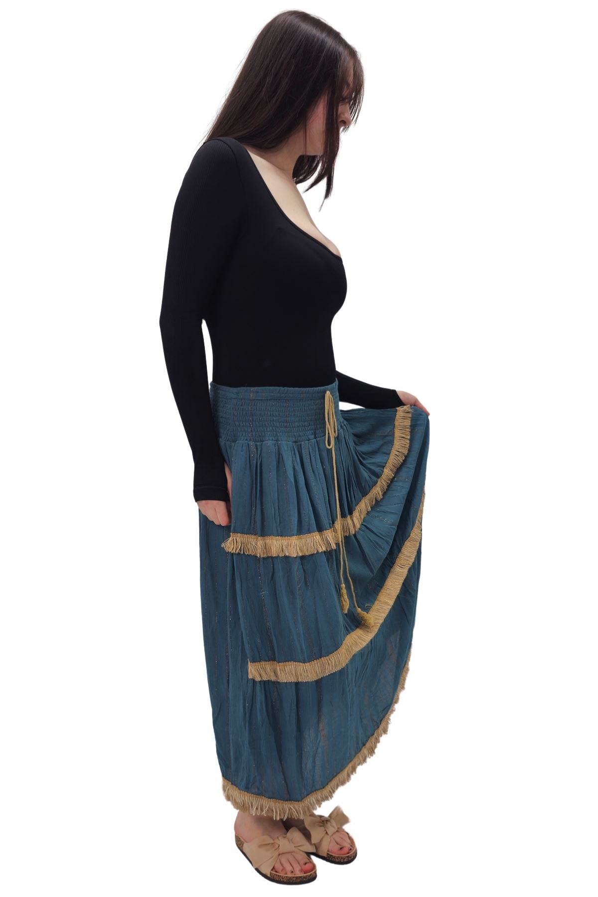 Shiny Stripe Pattern Tiered Tassel Maxi Skirt