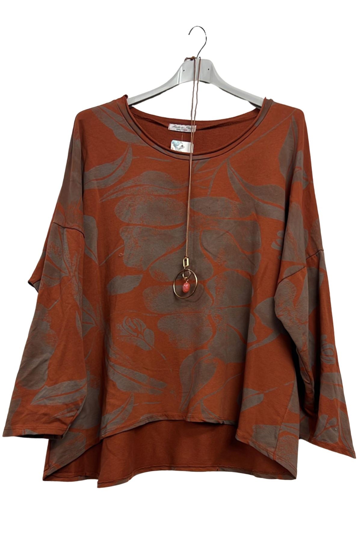 Abstract Floral Print High Low Hem Cotton Top