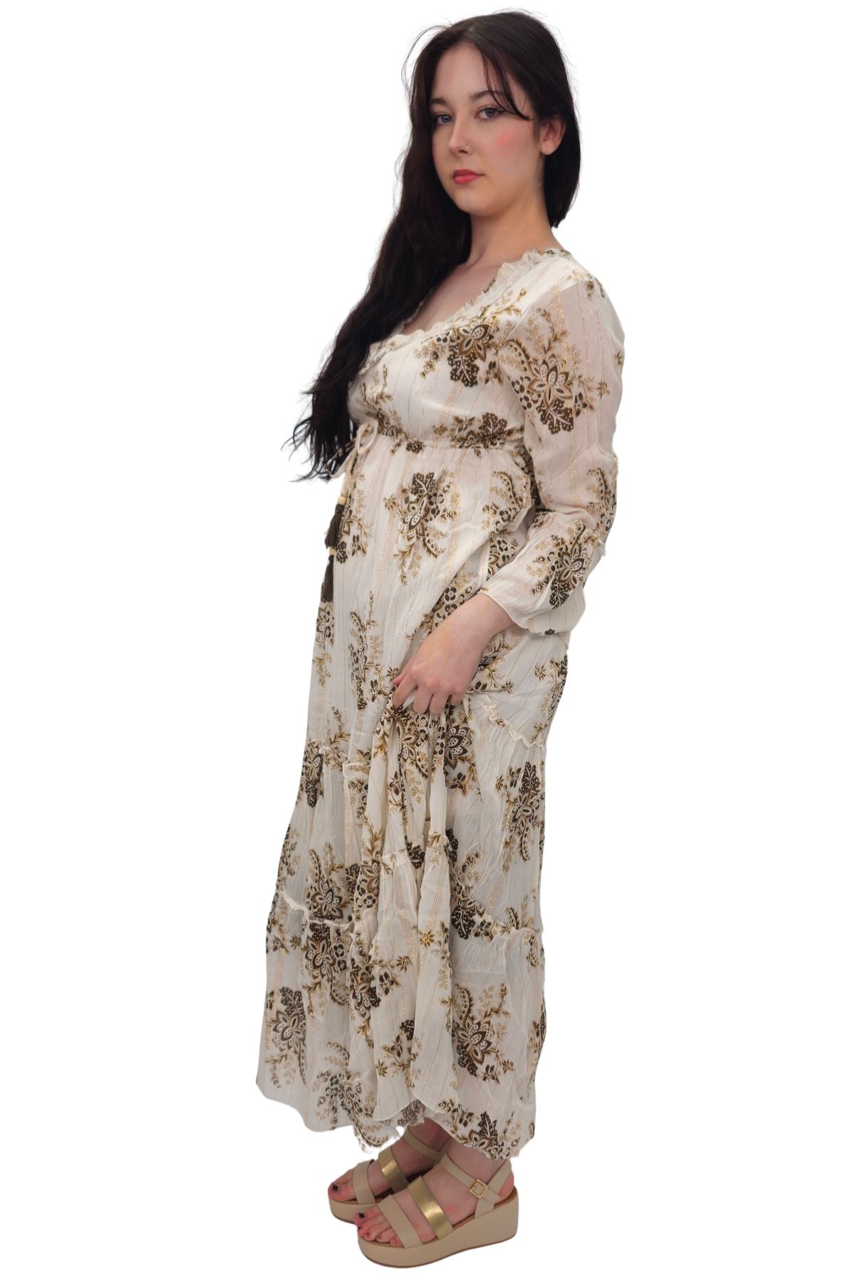 Flower Cluster Print Gold Stripes Dress