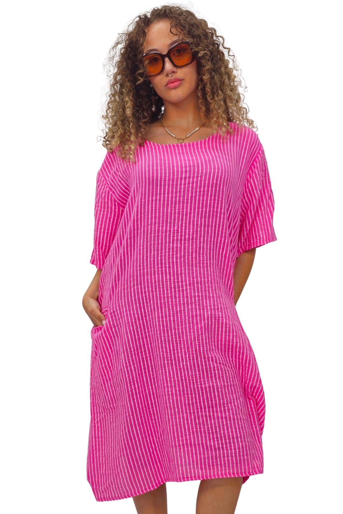 Vertical Stripes Print Two Side Pockets Cotton Dress