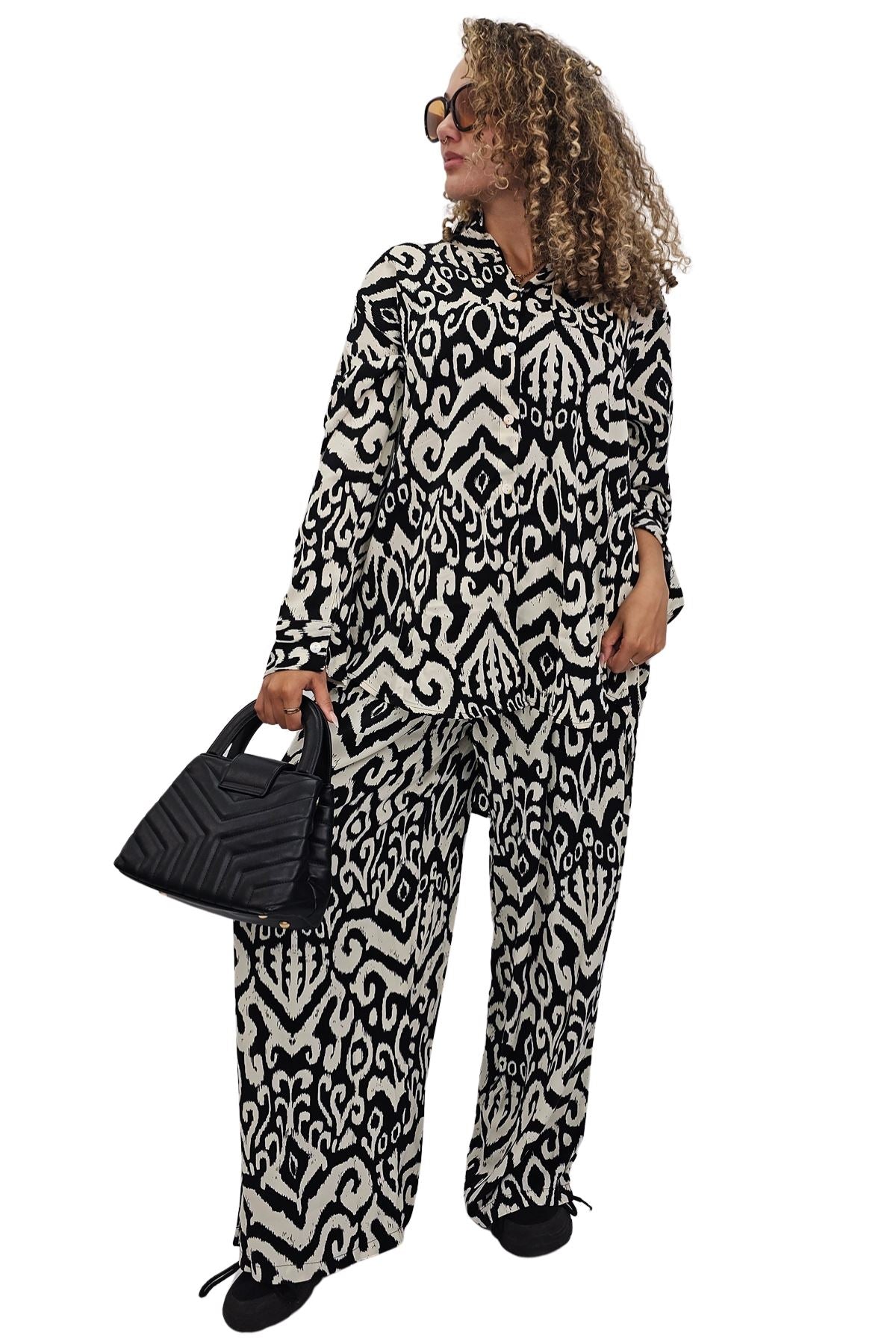 Bold Ikat Pattern Button-Up Shirt Wide Leg Co-Ord Set