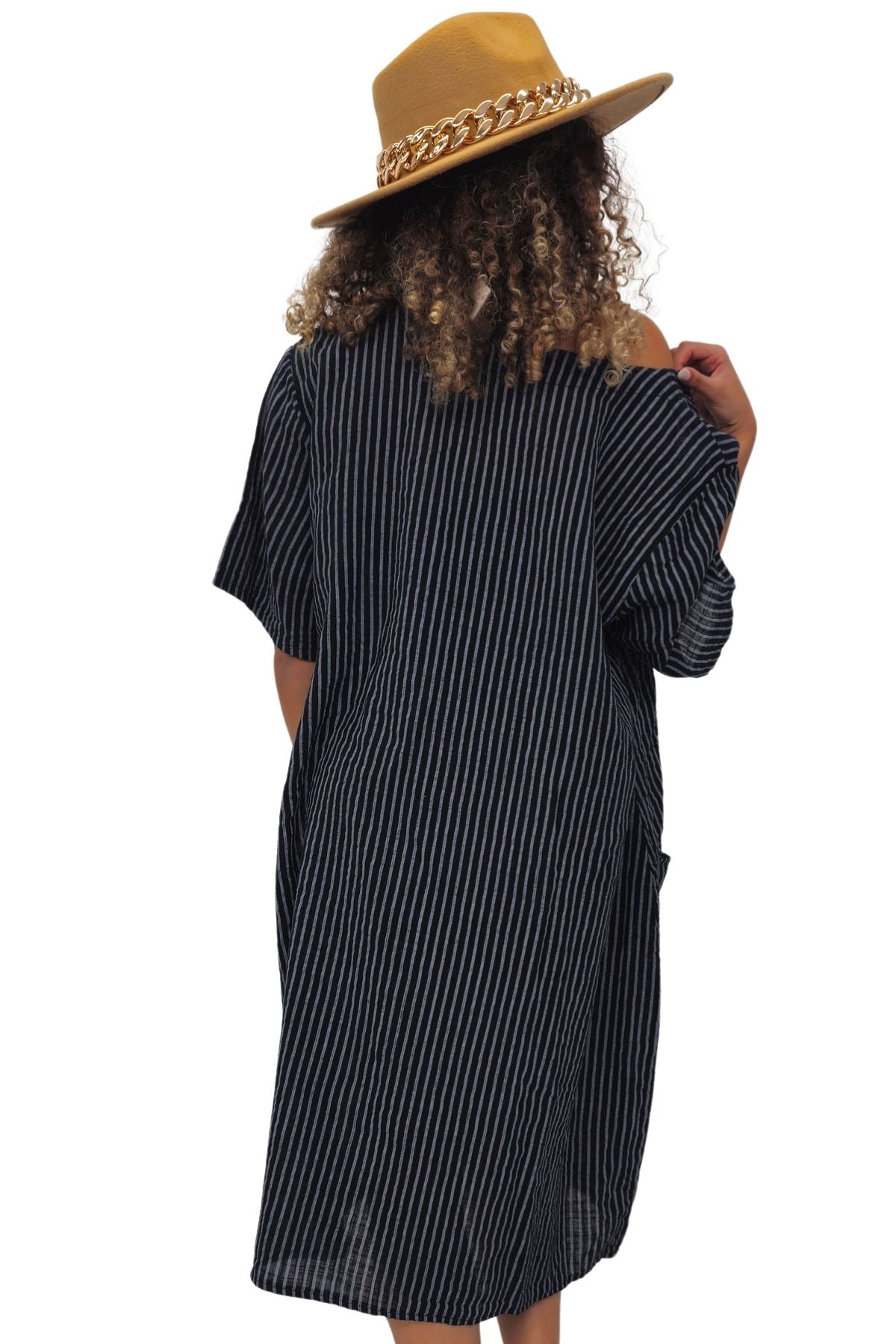 Vertical Stripes Print Two Side Pockets Cotton Dress