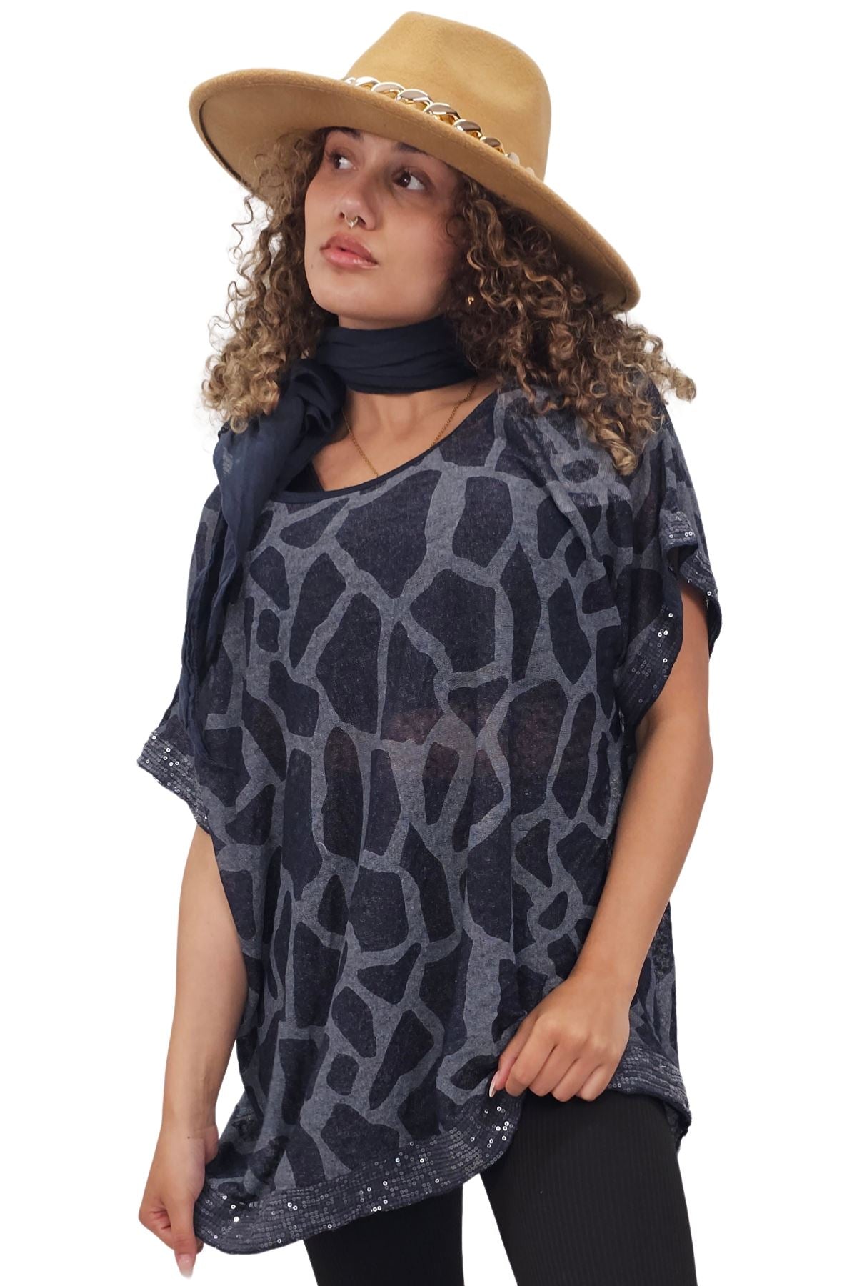 Giraffe Print Sequin Detail Hem With Scarf Box Top
