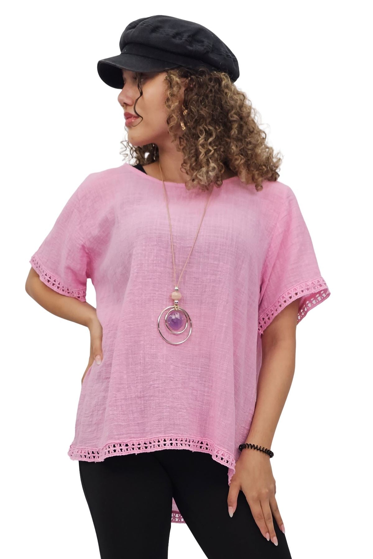 Plain Lace Hem Necklace Cotton Top