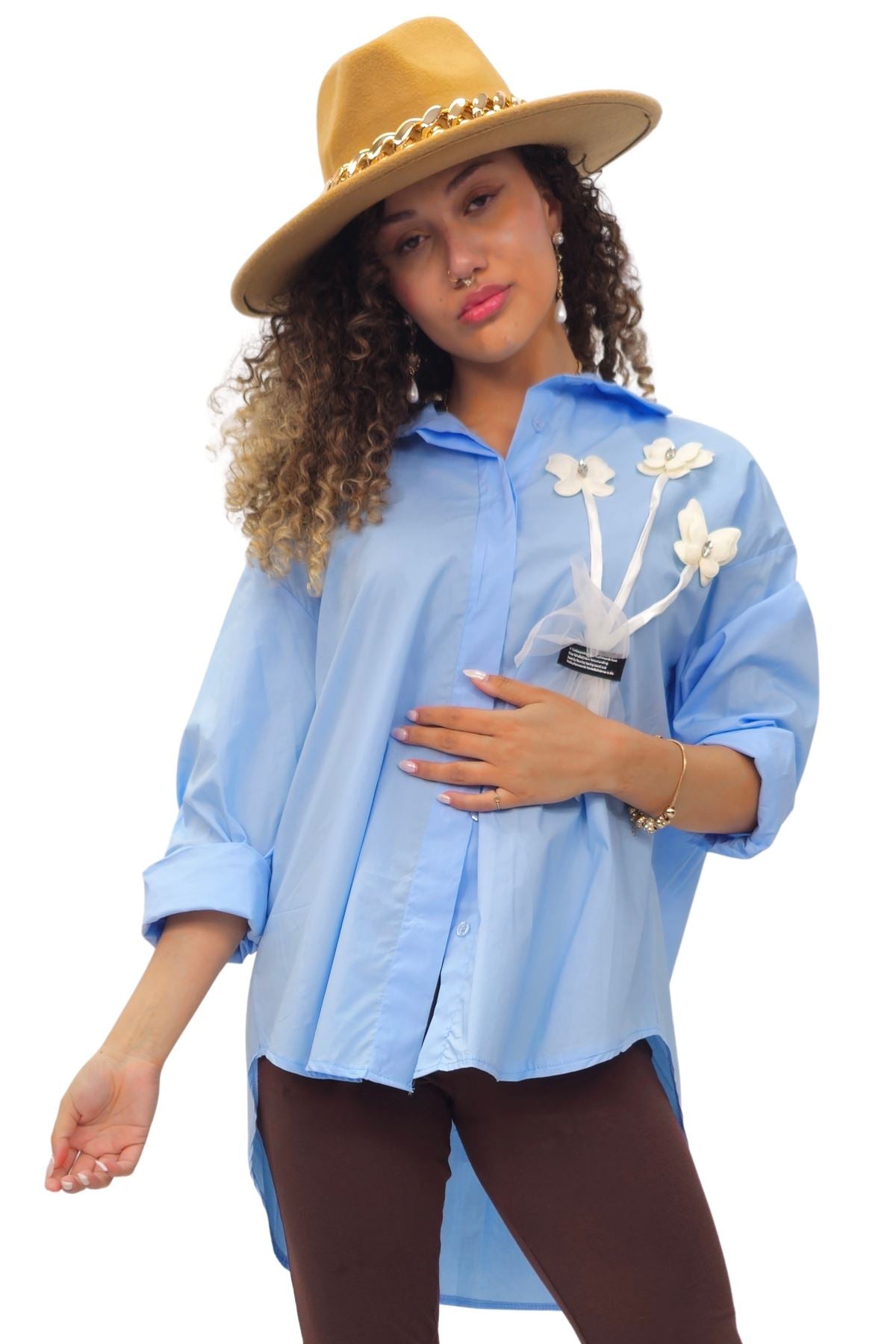 Flower Applique Pattern High Low Hem Shirt