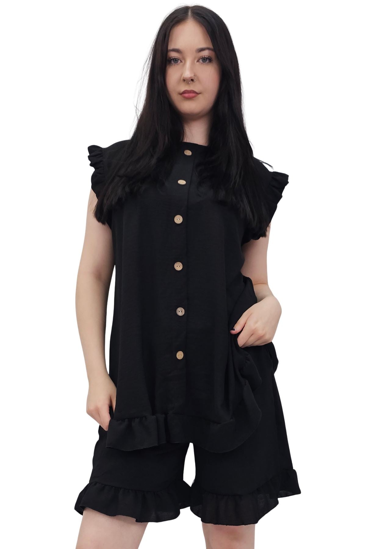 Plain Sleeveless Ruffle-Trimmed Co-Ord Set