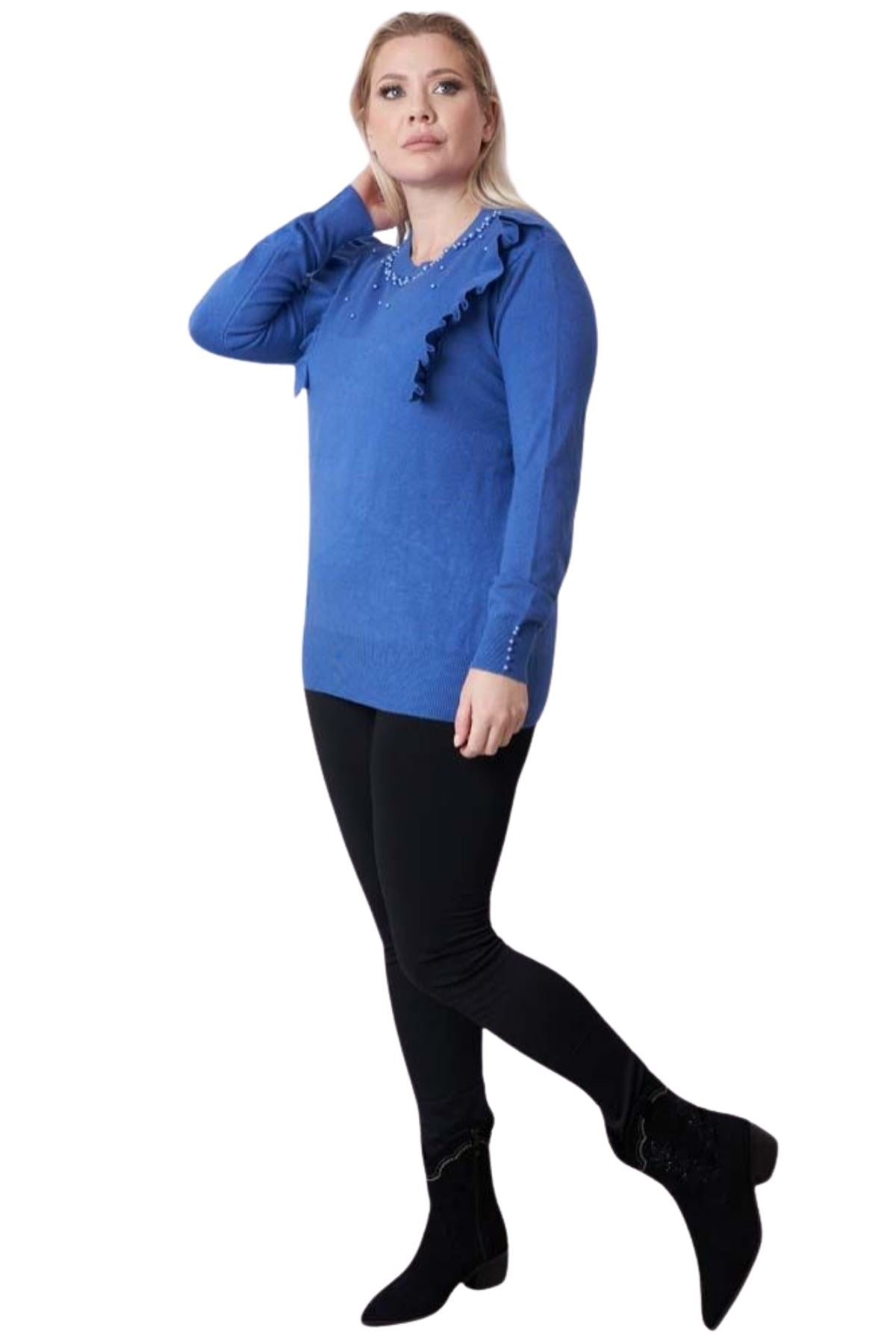 Pearls Side Chest Frill Ribbed Hem Soft Jumper