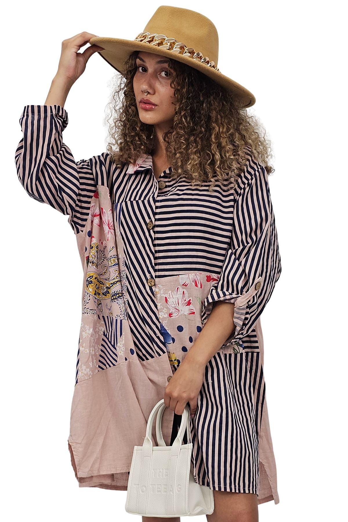 Vertical Stripes Polka Dot Print Full Front Buttons Linen Shirt
