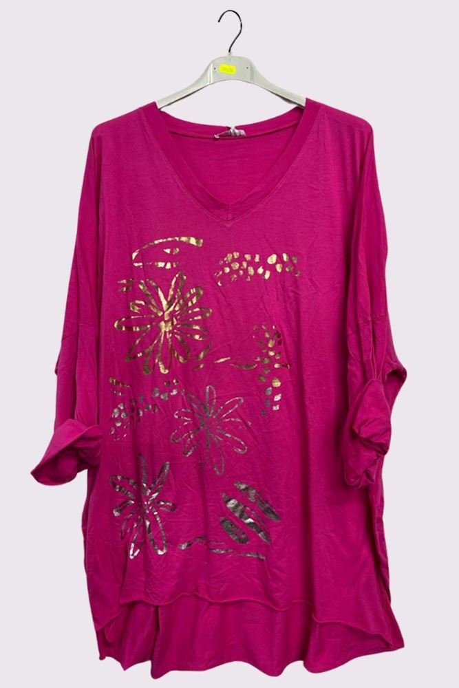 Flower Leopard Foil Print Dip Hem Cotton Top