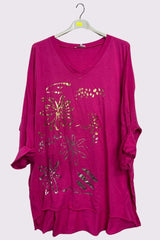Flower Leopard Foil Print Dip Hem Cotton Top