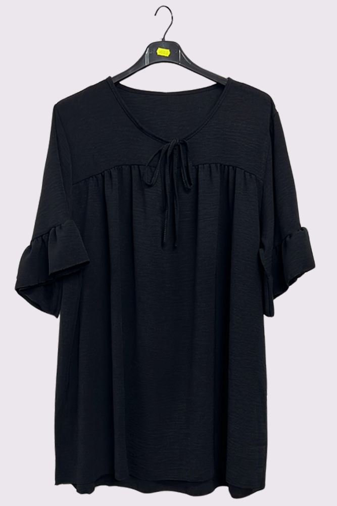 Plain Tie Neck Ruffle Sleeve Top