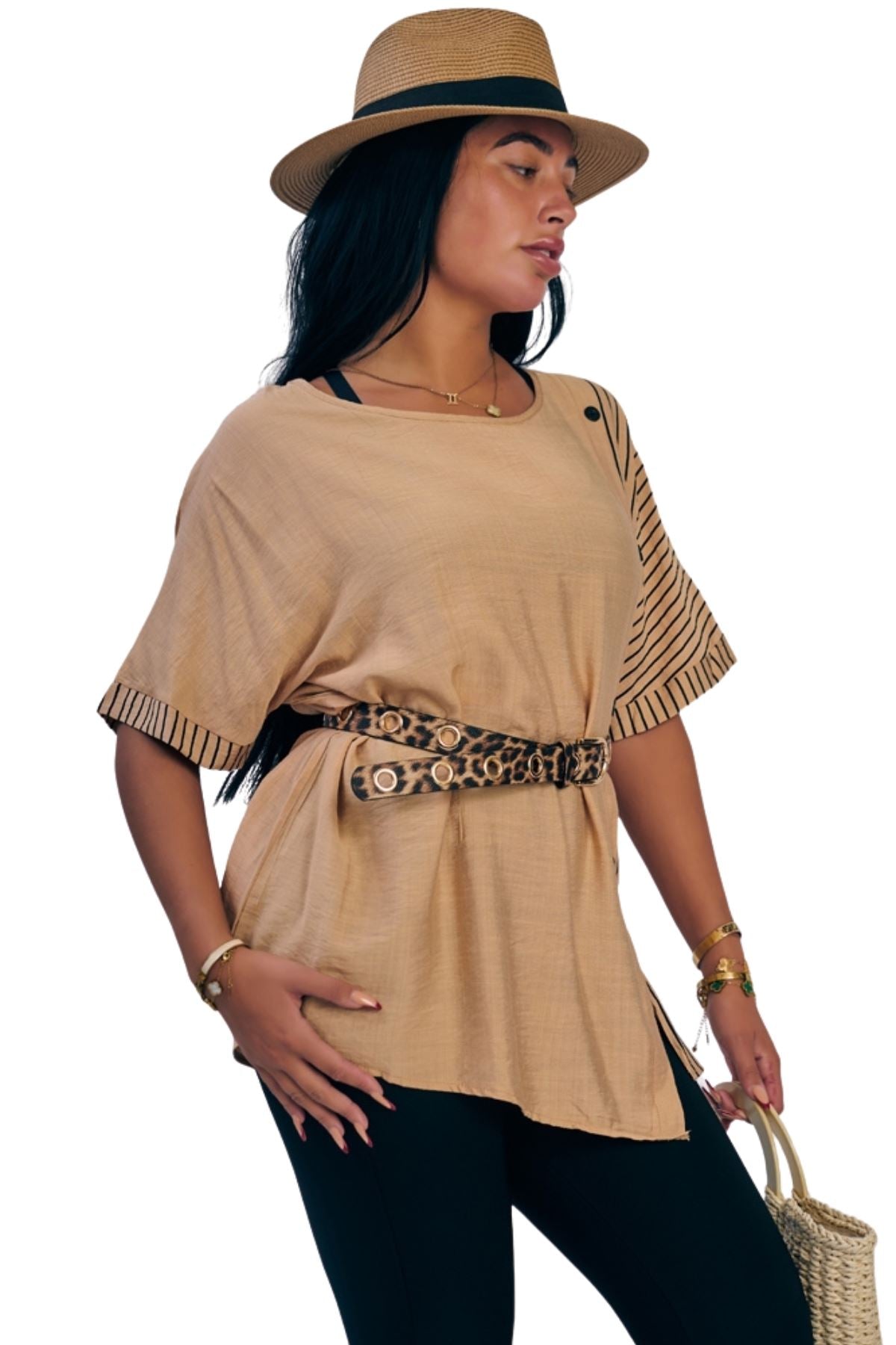 Stripe Print Side Button Detail Cotton Top