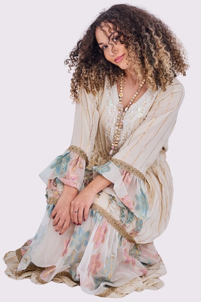 Rose Gold Stripe Pattern Maxi Long Sleeve Ruffle Front Dress