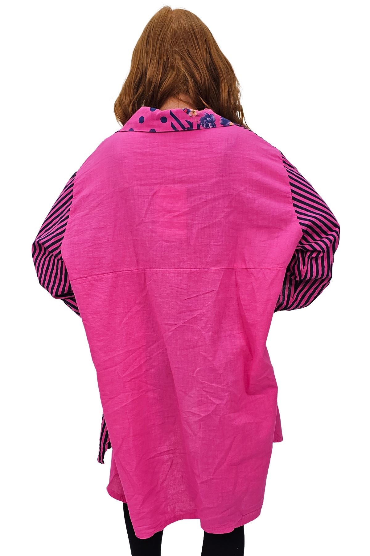 Vertical Stripes Polka Dot Print Full Front Buttons Linen Shirt