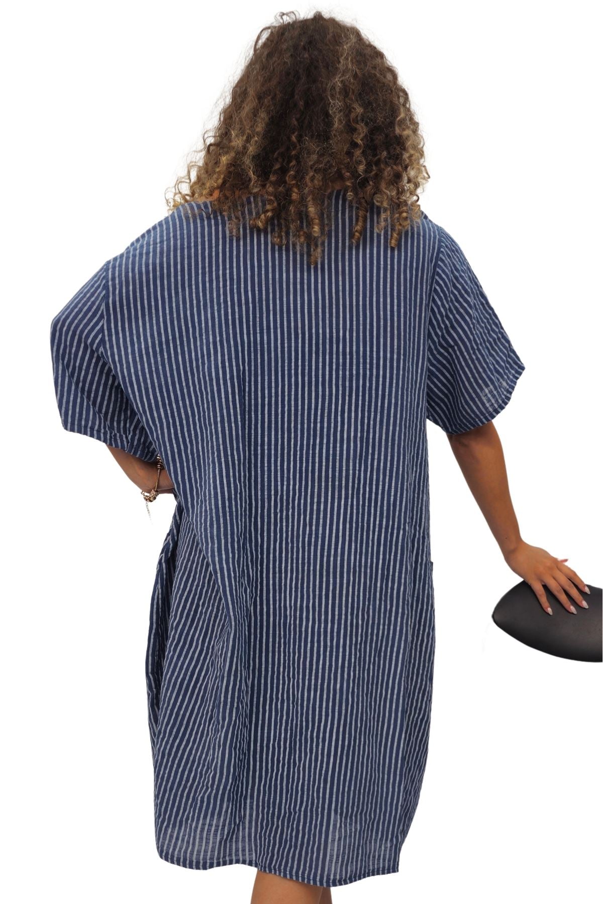 Vertical Stripes Print Two Side Pockets Cotton Dress
