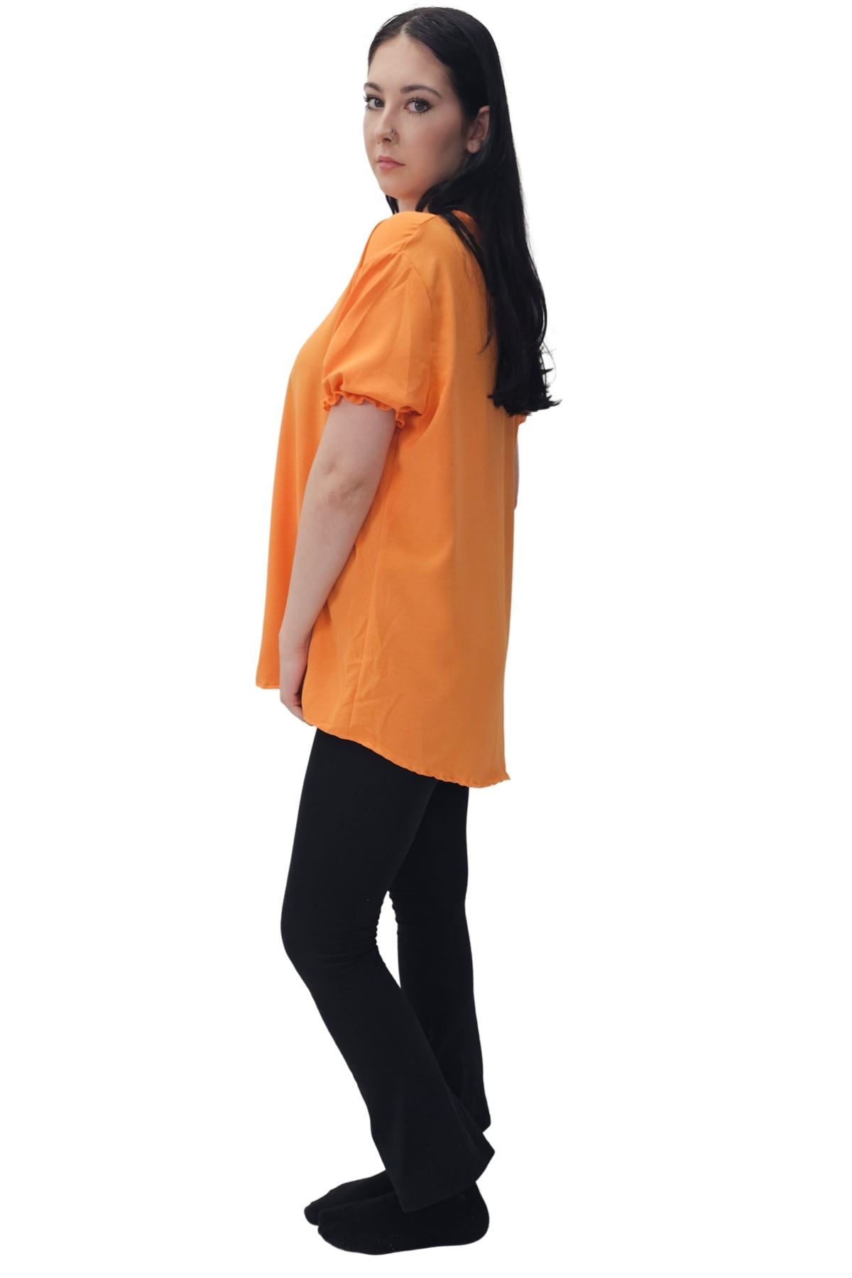 Plain Short Puff Sleeves Necklace Top