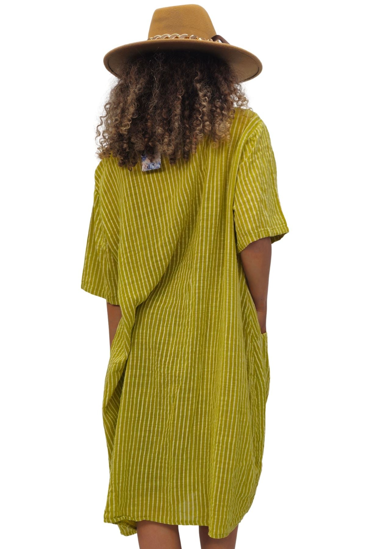 Vertical Stripes Print Two Side Pockets Cotton Dress