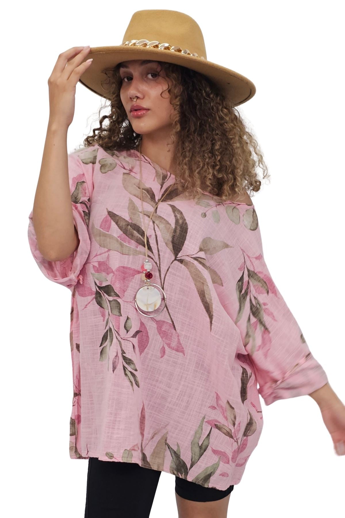 Floral Print Oversized Necklace Tunic Cotton Top