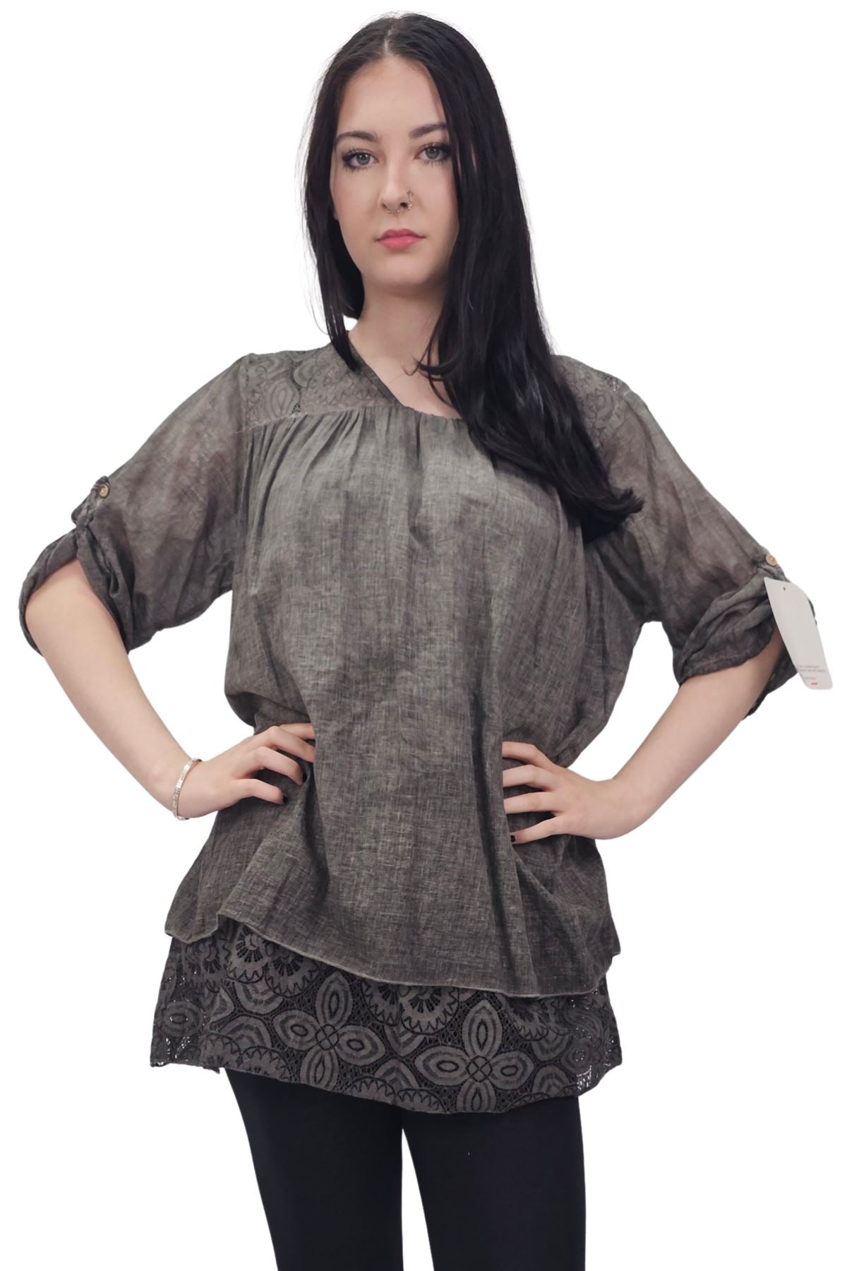 Floral Pattern Lace Detailing Layered Hem Cotton Top