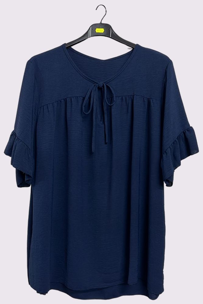 Plain Tie Neck Ruffle Sleeve Top