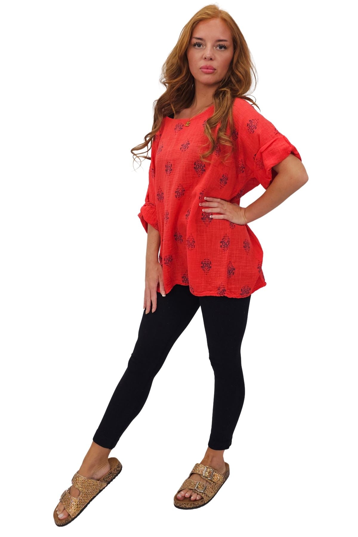 Block Print-Style Motifs Tunic Silhouette Cotton Top