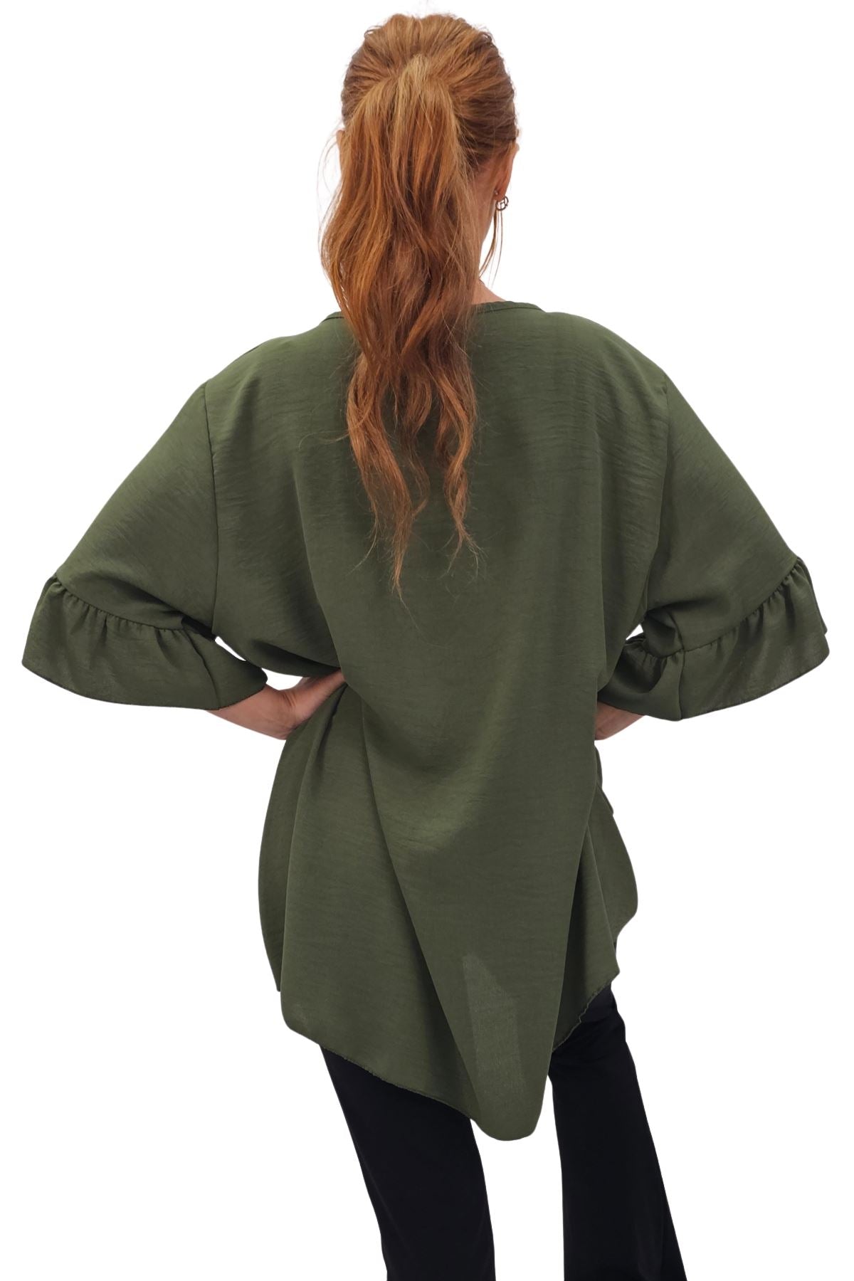 Plain Tie Neck Ruffle Sleeve Top