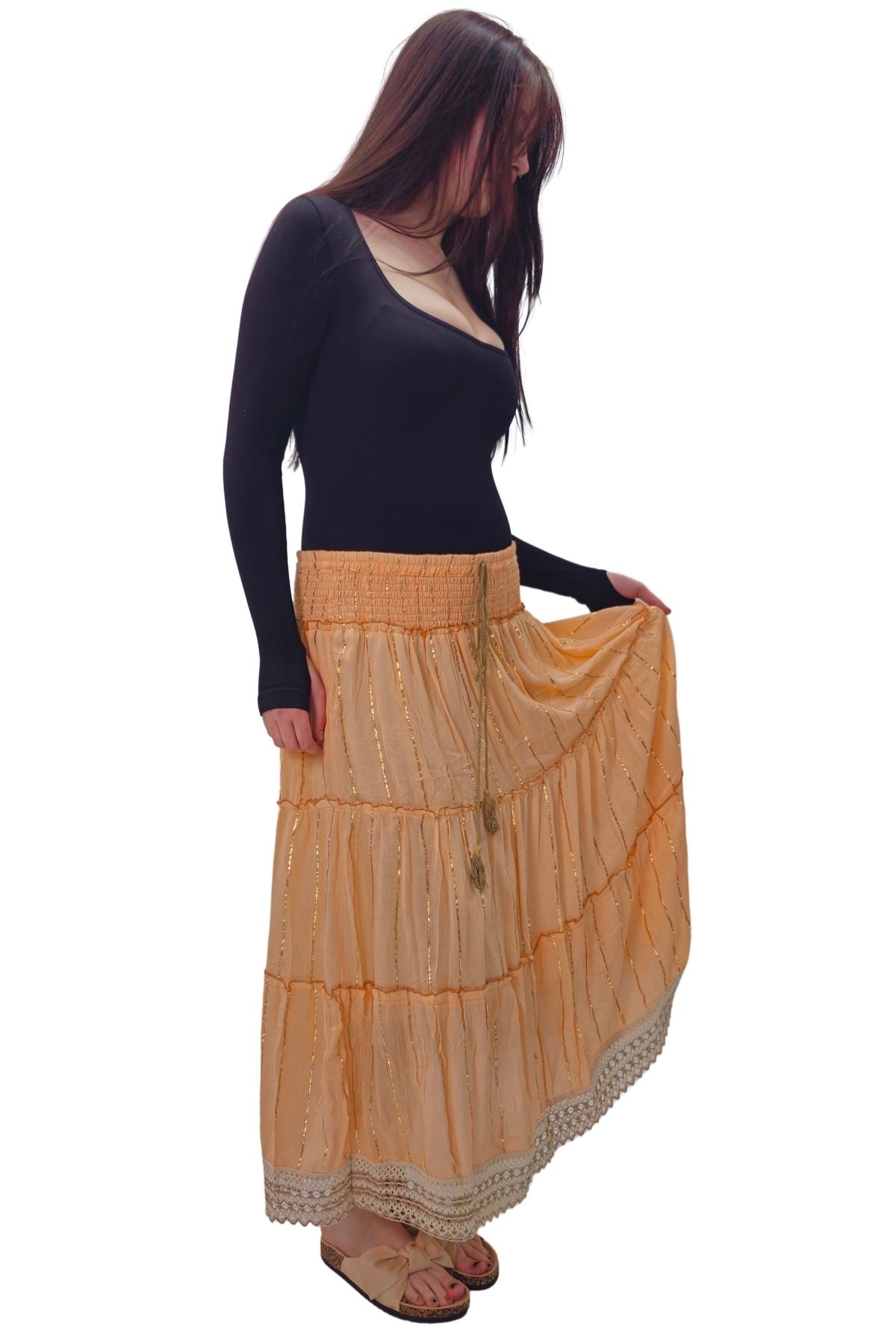 Gold Stripe Pattern Layered Maxi Skirt