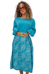 Two Tone Floral Print Baggy Long Style Cotton Dress